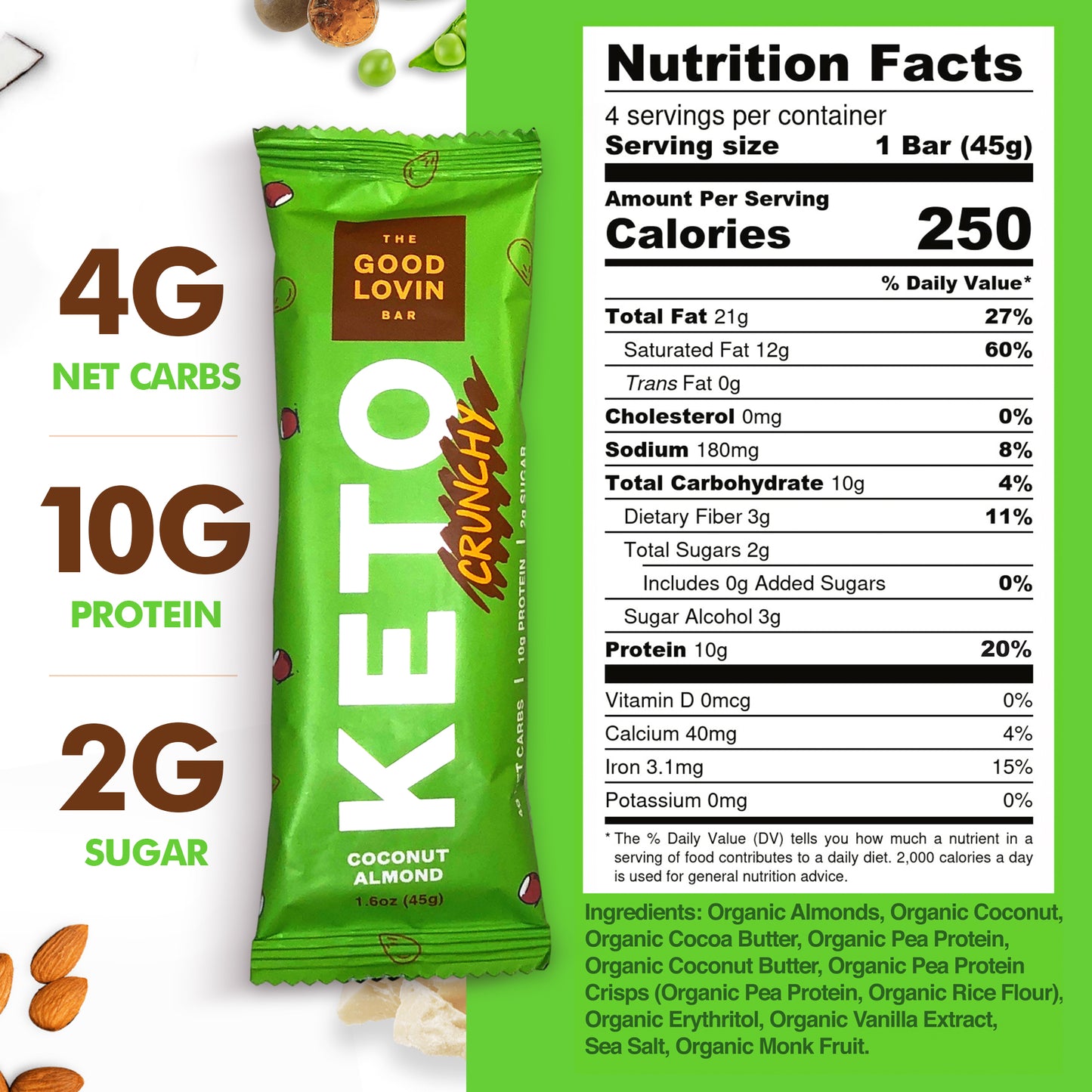 BEST ORGANIC KETO BAR “CRUNCHY” Coconut Almond (4ct)