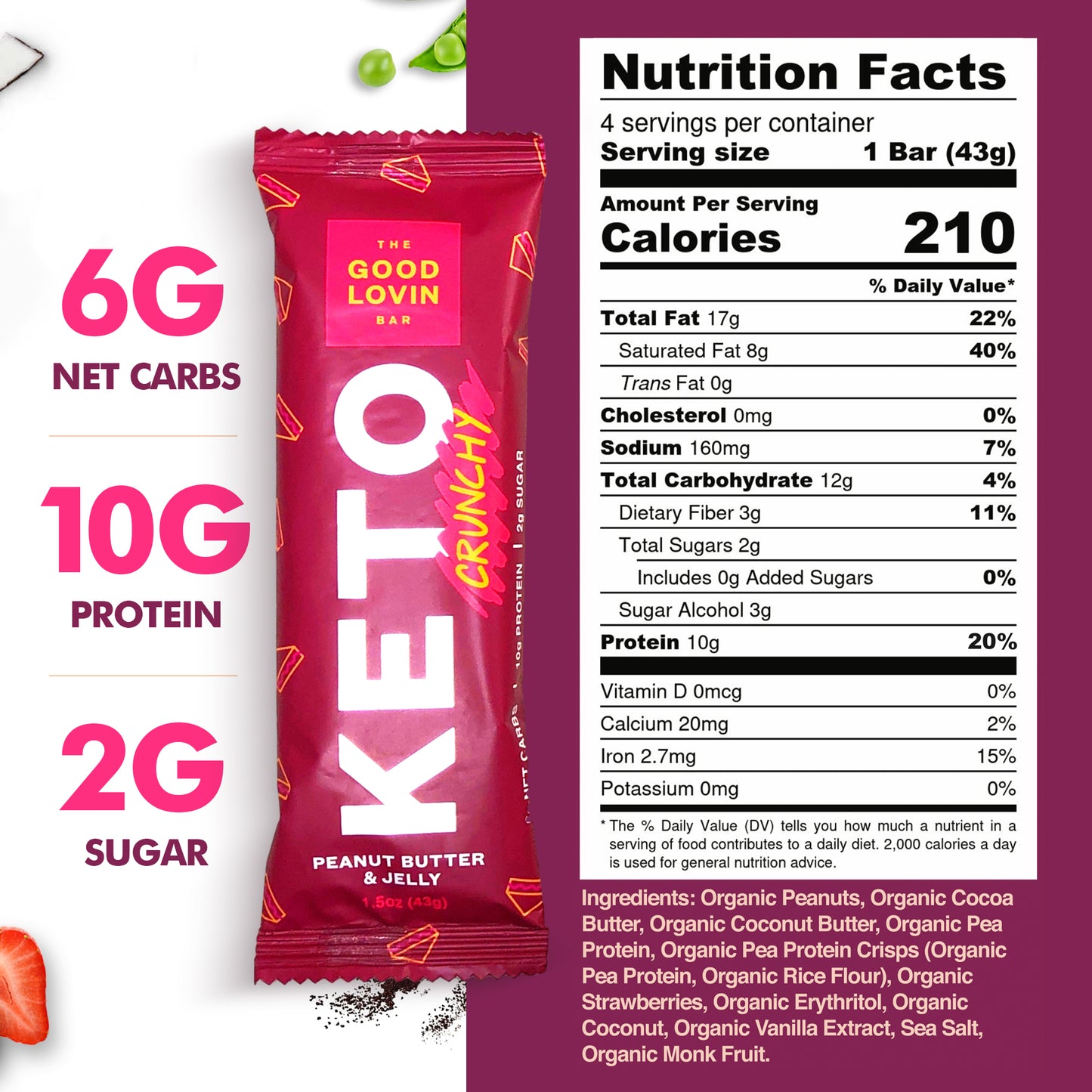 BEST ORGANIC KETO BAR “CRUNCHY” Peanut Butter & Jelly (4ct)