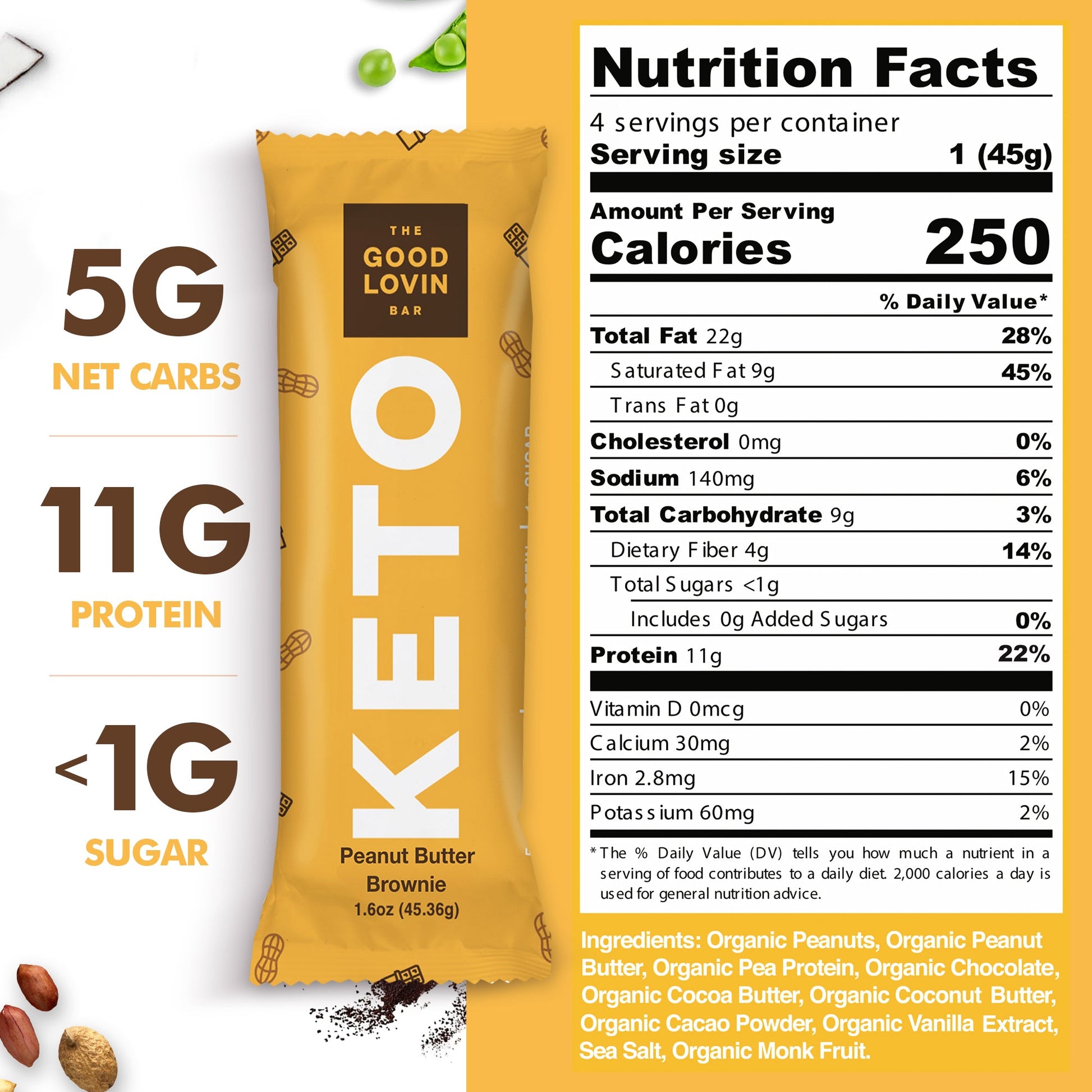 ORIGINAL ORGANIC KETO BAR Peanut Butter Brownie Flavor (4ct) Refrigerated Snack Bar The Good Lovin' Bar 