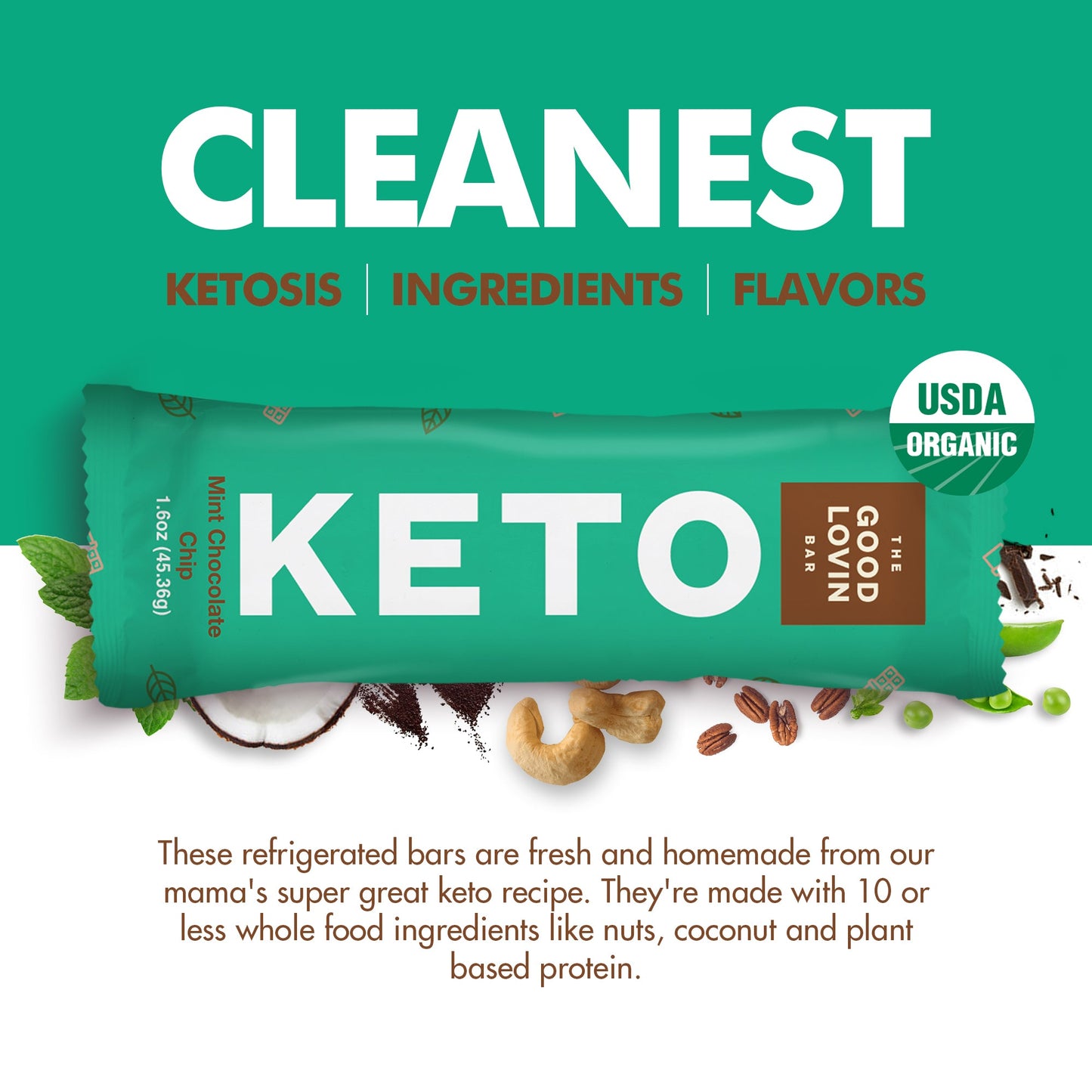 ORIGINAL ORGANIC KETO BAR Mint Chocolate Chip Flavor (4ct) Refrigerated Snack Bar The Good Lovin' Bar 